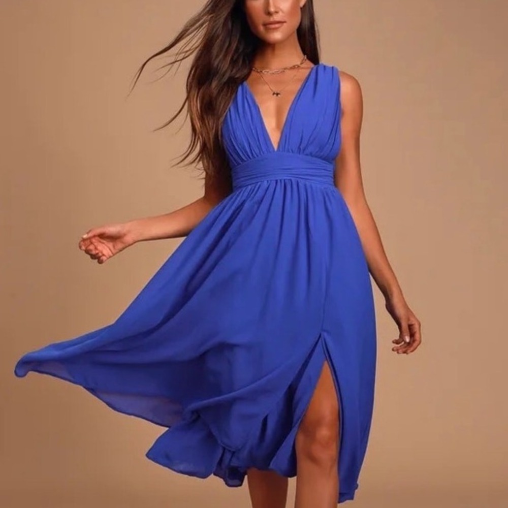 LuLu's Divine Dahlia‎ Blue Midi Dress Sleeveless V Neck Party Cocktail Wedding